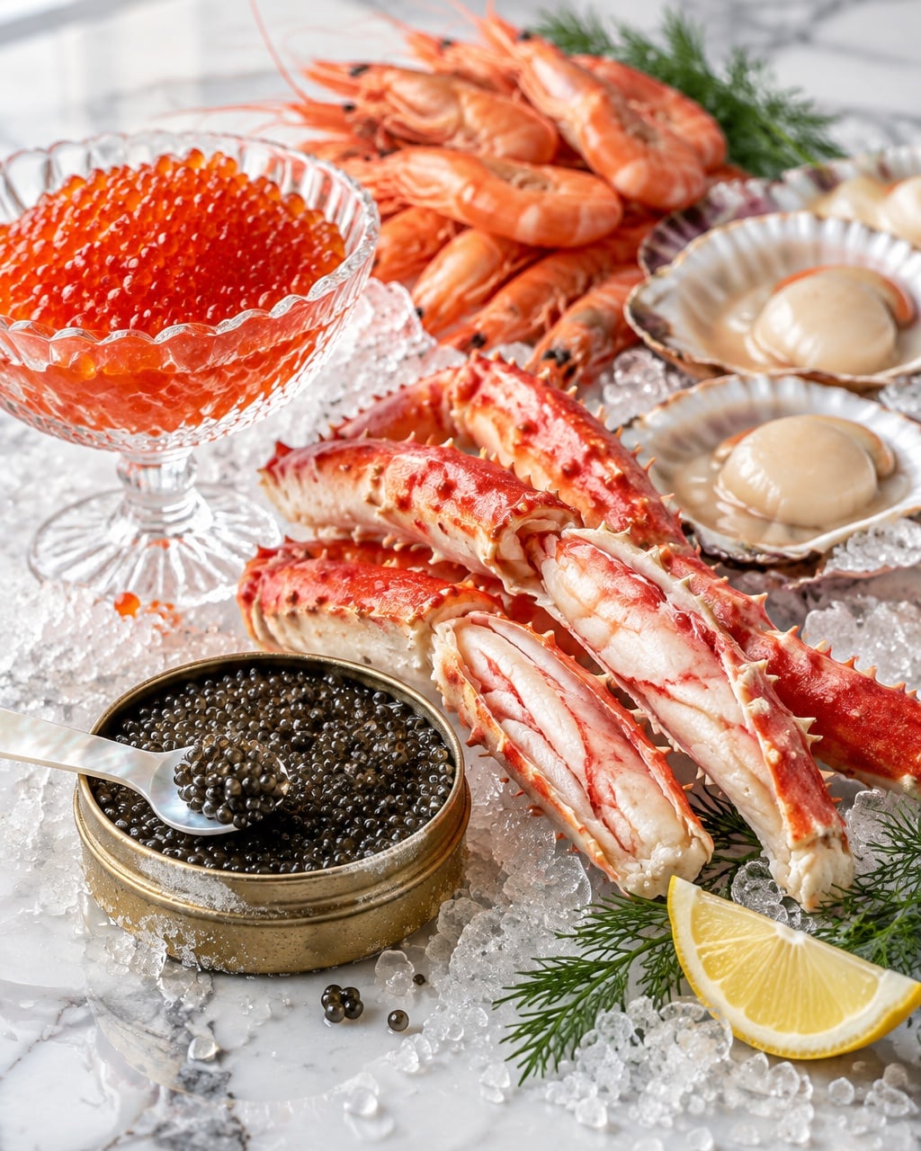 Красная икра в хрустальной креманке, краб, креветки и гребешки на льду